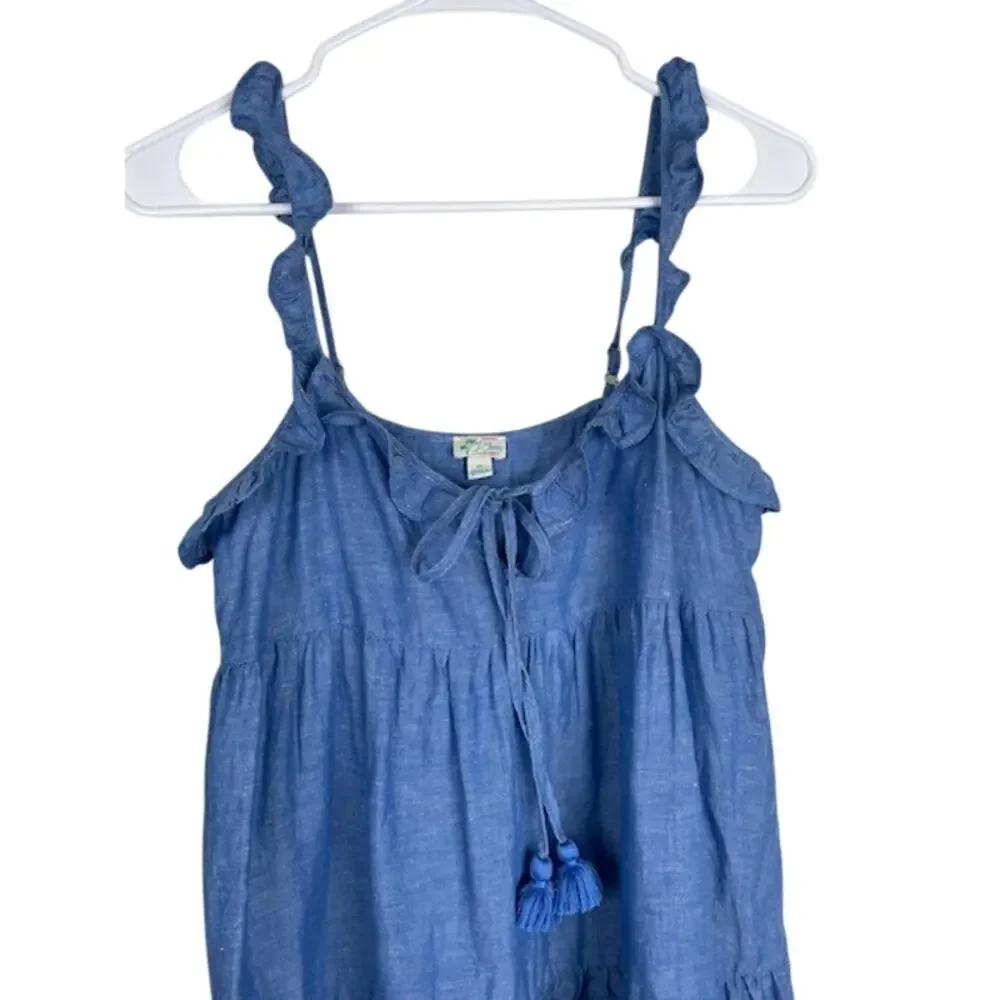 J. Crew women's linen-cotton blue chambray tiered dress.